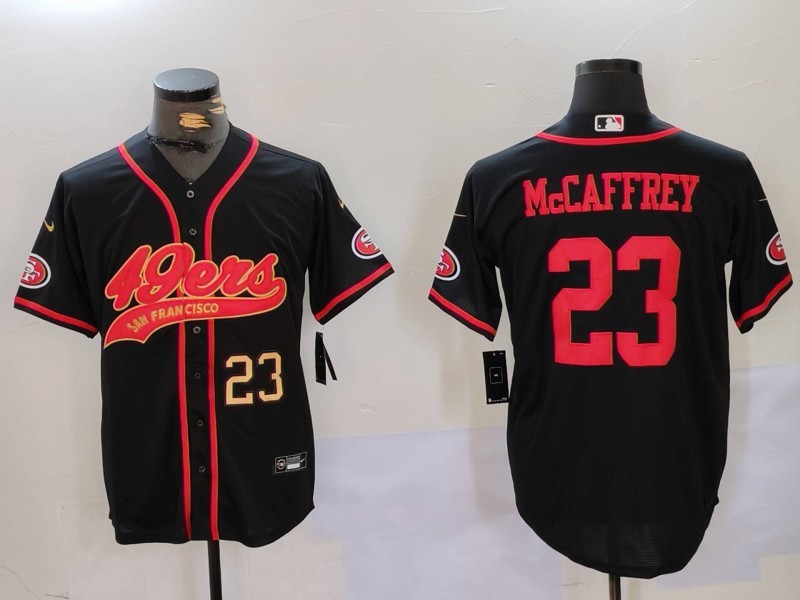 Men's San Francisco 49ers #23 Christian McCaffrey Black With Patch Cool Base Stitched Baseball Jersey Men's San Francisco 49ers #23 Christian McCaffrey Black With Patch Cool Base Stitched Baseball Jersey