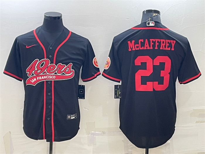 Men's San Francisco 49ers #23 Christian McCaffrey Black With Patch Cool Base Stitched Baseball JerseyS Men's San Francisco 49ers #23 Christian McCaffrey Black With Patch Cool Base Stitched Baseball JerseyS