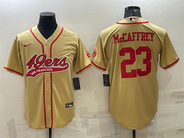 Men's San Francisco 49ers #23 Christian McCaffrey Gold With Patch Cool Base Stitched Baseball Jersey Men's San Francisco 49ers #23 Christian McCaffrey Gold With Patch Cool Base Stitched Baseball Jersey