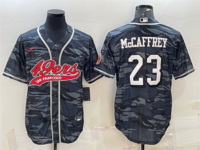 Men's San Francisco 49ers #23 Christian McCaffrey Grey Camo With Patch Cool Base Stitched Baseball Jersey Men's San Francisco 49ers #23 Christian McCaffrey Grey Camo With Patch Cool Base Stitched Baseball Jersey