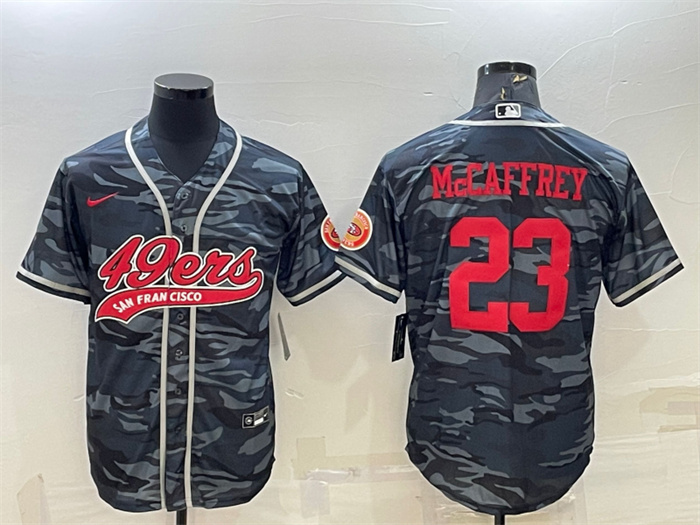 Men's San Francisco 49ers #23 Christian McCaffrey Grey Red Camo With Patch Cool Base Stitched Baseball Jersey Men's San Francisco 49ers #23 Christian McCaffrey Grey Red Camo With Patch Cool Base Stitched Baseball Jersey