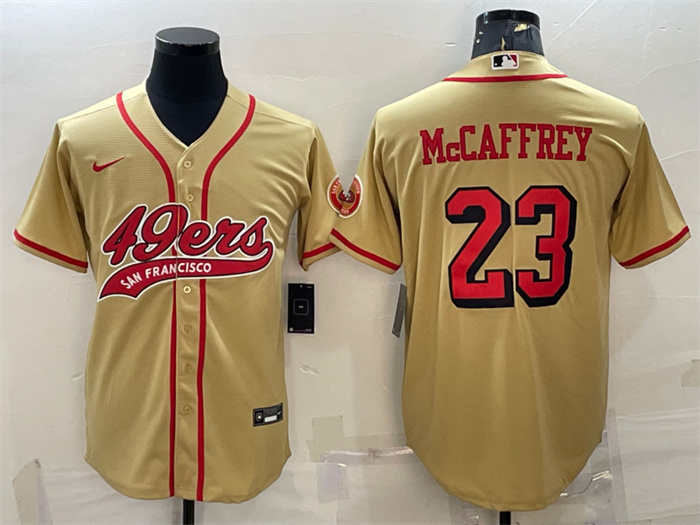 Men's San Francisco 49ers #23 Christian McCaffrey New Gold With Patch Cool Base Stitched Baseball Jersey Men's San Francisco 49ers #23 Christian McCaffrey New Gold With Patch Cool Base Stitched Baseball Jersey