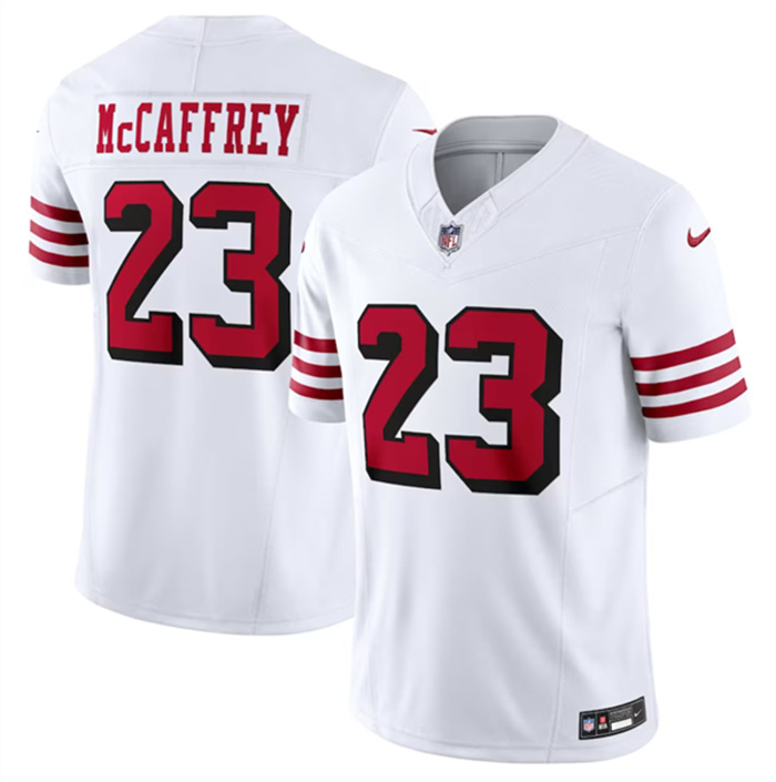 Men's San Francisco 49ers #23 Christian McCaffrey New White 2023 F.U.S.E. Vapor Untouchable Limited Stitched Football Jersey Men's San Francisco 49ers #23 Christian McCaffrey New White 2023 F.U.S.E. Vapor Untouchable Limited Stitched Football Jersey