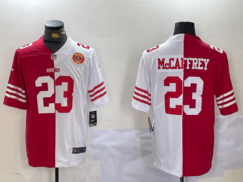 Men's San Francisco 49ers #23 Christian McCaffrey Red & White Split Limited Stitched Jersey 2 Men's San Francisco 49ers #23 Christian McCaffrey Red & White Split Limited Stitched Jersey 2