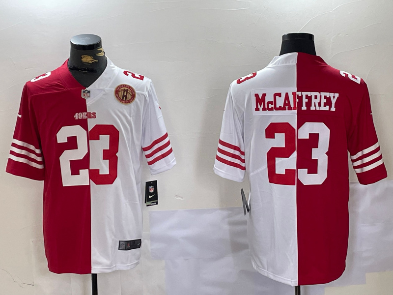 Men's San Francisco 49ers #23 Christian McCaffrey Red & White Split Limited Stitched Jersey 3 Men's San Francisco 49ers #23 Christian McCaffrey Red & White Split Limited Stitched Jersey 3