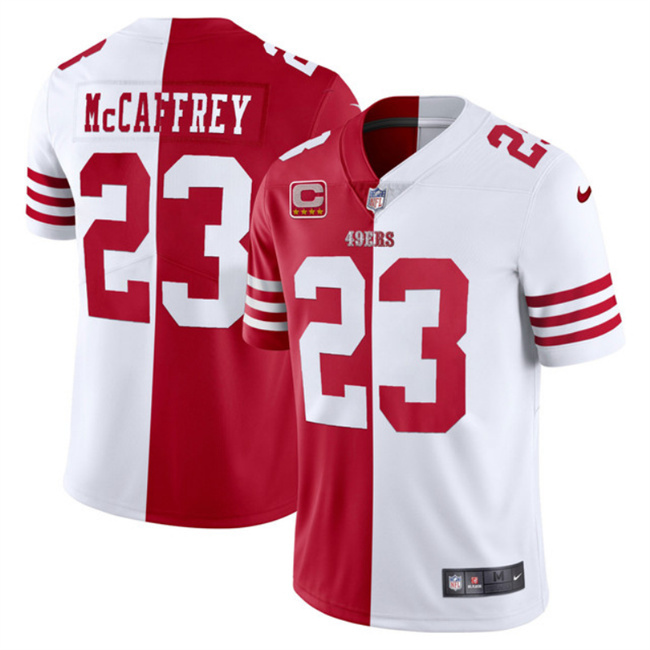 Men's San Francisco 49ers #23 Christian McCaffrey Red & White Split With 4-Star C Patch Limited Stitched Jersey Men's San Francisco 49ers #23 Christian McCaffrey Red & White Split With 4-Star C Patch Limited Stitched Jersey