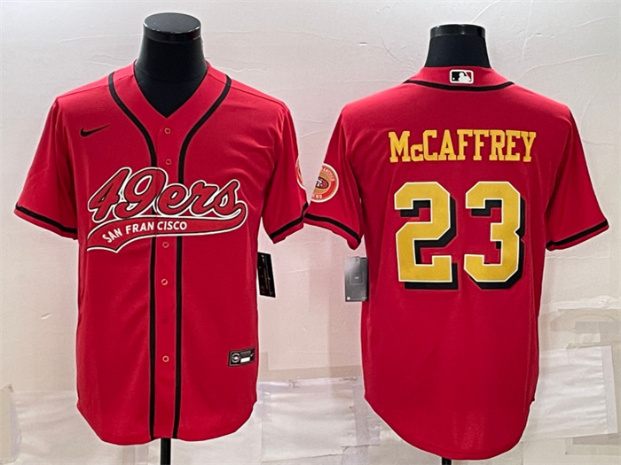 Men's San Francisco 49ers #23 Christian McCaffrey Red Gold With Patch Cool Base Stitched Baseball Jersey Men's San Francisco 49ers #23 Christian McCaffrey Red Gold With Patch Cool Base Stitched Baseball Jersey