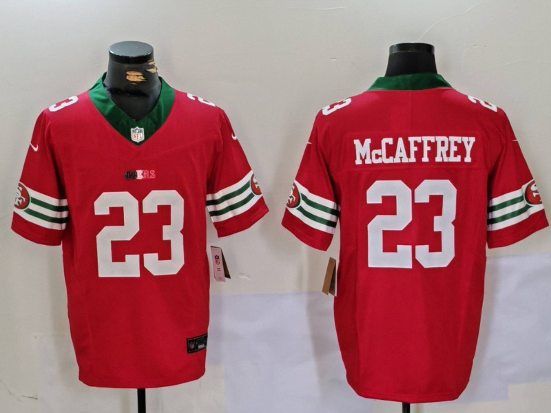 Men's San Francisco 49ers #23 Christian McCaffrey Red Gold With Patch Vapor Limited Stitched Football Jersey Men's San Francisco 49ers #23 Christian McCaffrey Red Gold With Patch Vapor Limited Stitched Football Jersey