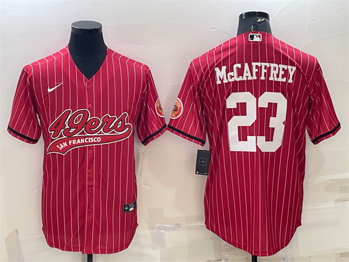 Men's San Francisco 49ers #23 Christian McCaffrey Red With Patch Cool Base Stitched Baseball Jersey Men's San Francisco 49ers #23 Christian McCaffrey Red With Patch Cool Base Stitched Baseball Jersey