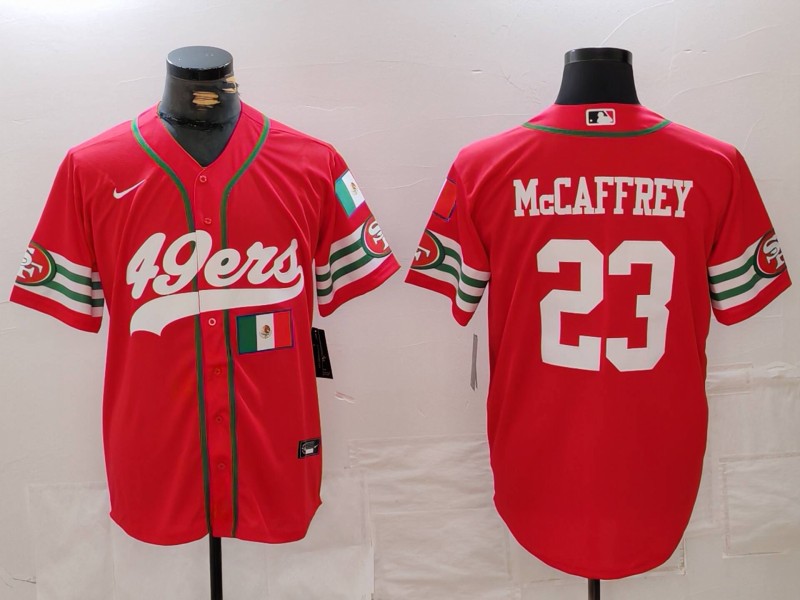 Men's San Francisco 49ers #23 Christian McCaffrey Red With Patch Cool Base Stitched Baseball Jersey 1
