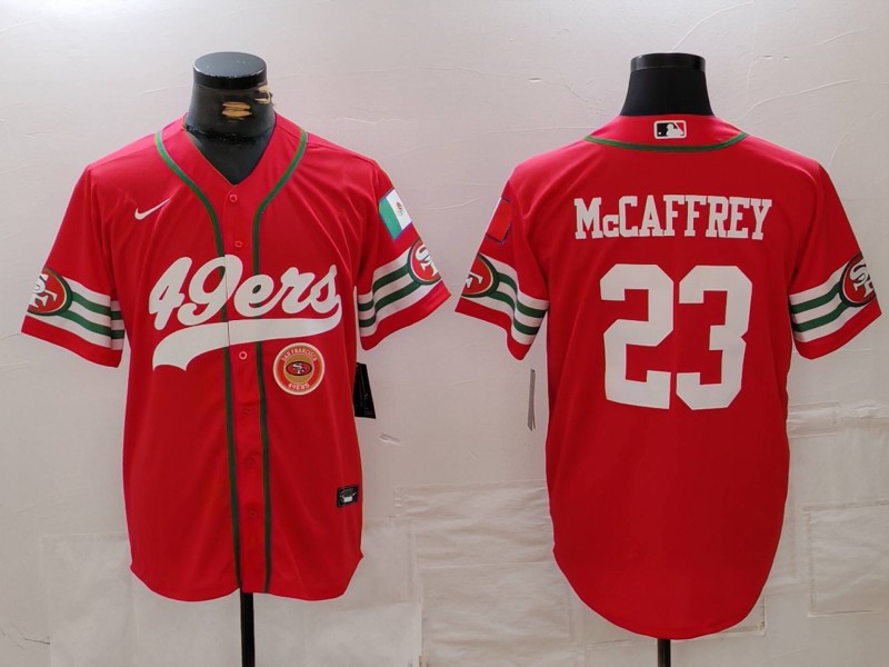 Men's San Francisco 49ers #23 Christian McCaffrey Red With Patch Cool Base Stitched Baseball Jersey 31