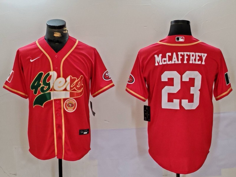 Men's San Francisco 49ers #23 Christian McCaffrey Red With Patch Cool Base Stitched Baseball Jersey 5 Men's San Francisco 49ers #23 Christian McCaffrey Red With Patch Cool Base Stitched Baseball Jersey 5
