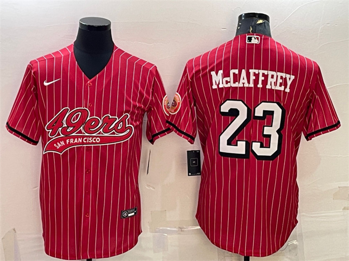 Men's San Francisco 49ers #23 Christian McCaffrey Red With Patch Cool Base Stitched Baseball Jersey Men's San Francisco 49ers #23 Christian McCaffrey Red With Patch Cool Base Stitched Baseball Jersey