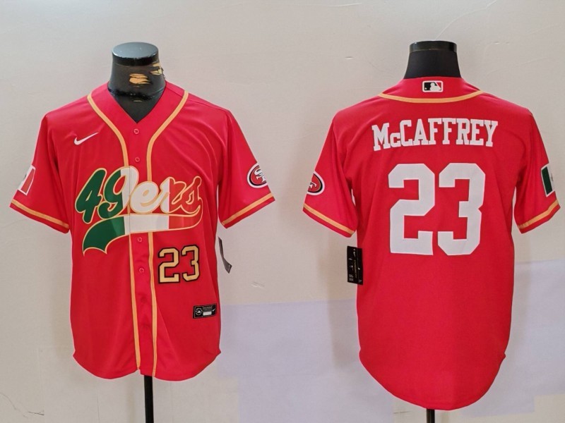 Men's San Francisco 49ers #23 Christian McCaffrey Red With Patch Cool Base Stitched Baseball Jersey Men's San Francisco 49ers #23 Christian McCaffrey Red With Patch Cool Base Stitched Baseball Jersey