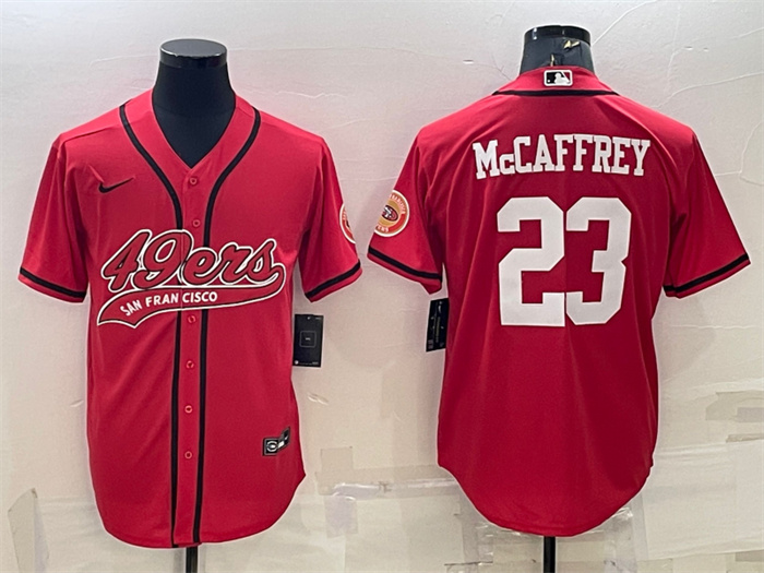 Men's San Francisco 49ers #23 Christian McCaffrey Red With Patch Cool Base Stitched Baseball JerseyS Men's San Francisco 49ers #23 Christian McCaffrey Red With Patch Cool Base Stitched Baseball JerseyS
