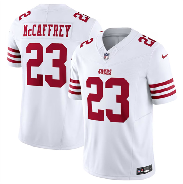 Men's San Francisco 49ers #23 Christian McCaffrey White 2023 F.U.S.E. Vapor Untouchable Limited Stitched Football Jersey Men's San Francisco 49ers #23 Christian McCaffrey White 2023 F.U.S.E. Vapor Untouchable Limited Stitched Football Jersey