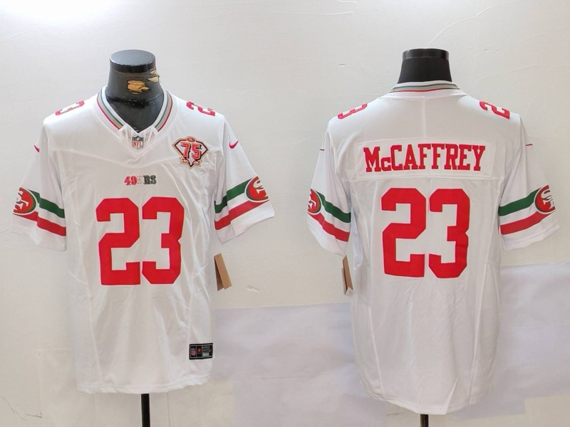 Men's San Francisco 49ers #23 Christian McCaffrey White F.U.S.E. Mexico Faithful To The Bay Patch Vapor Limited Stitched Football Jersey 2 Men's San Francisco 49ers #23 Christian McCaffrey White F.U.S.E. Mexico Faithful To The Bay Patch Vapor Limited Stitched Football Jersey 2