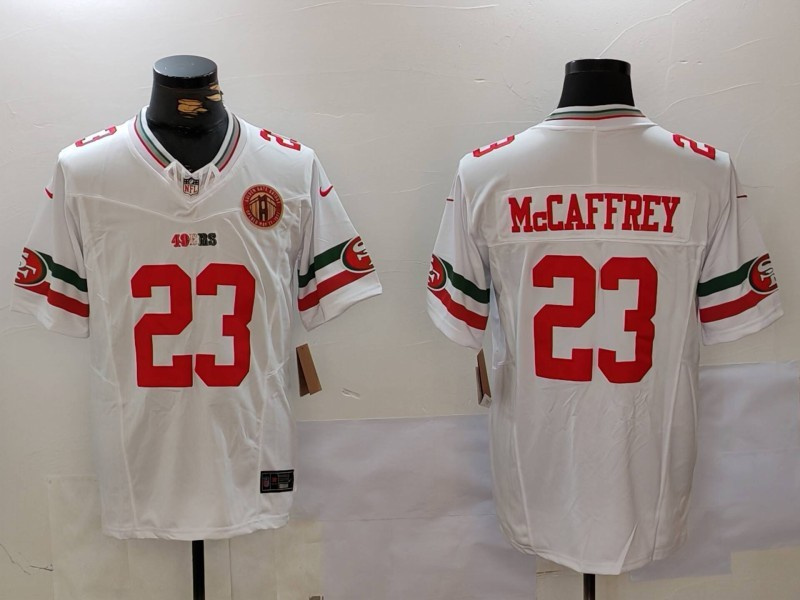 Men's San Francisco 49ers #23 Christian McCaffrey White Gold With 75th Patch Vapor Limited Stitched Football Jersey Men's San Francisco 49ers #23 Christian McCaffrey White Gold With 75th Patch Vapor Limited Stitched Football Jersey