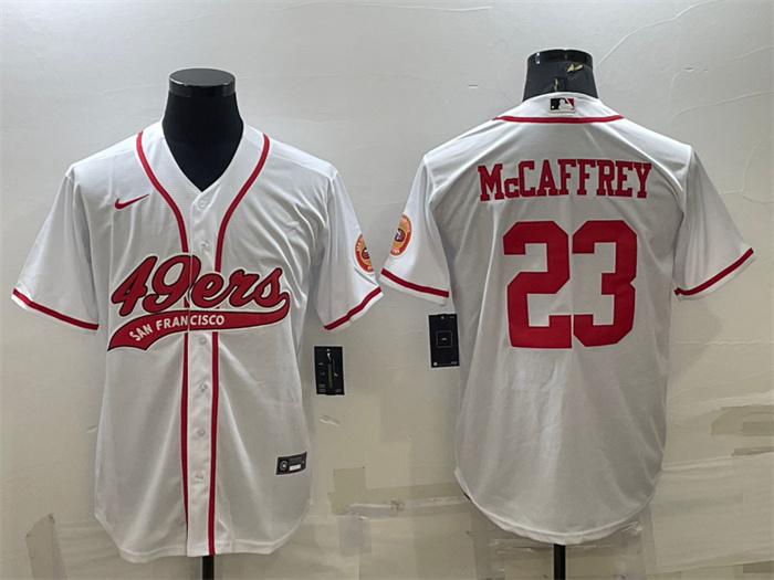 Men's San Francisco 49ers #23 Christian McCaffrey White With Patch Cool Base Stitched Baseball Jersey Men's San Francisco 49ers #23 Christian McCaffrey White With Patch Cool Base Stitched Baseball Jersey