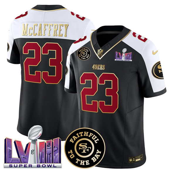 Men's San Francisco 49ers #23 Christian Mccaffrey Black Alternate 2025 F.U.S.E. Faithful & Super Bowl LVIII Patch Vapor Limited Stitched Football Jersey Men's San Francisco 49ers #23 Christian Mccaffrey Black Alternate 2025 F.U.S.E. Faithful & Super Bowl LVIII Patch Vapor Limited Stitched Football Jersey