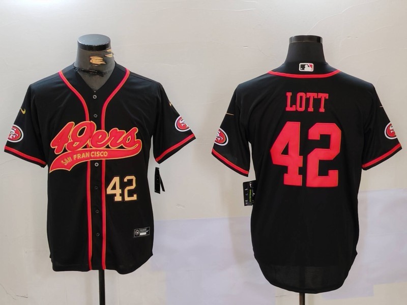 Men's San Francisco 49ers #42 Ronnie Lott Black With Patch Cool Base Stitched Baseball Jersey Men's San Francisco 49ers #42 Ronnie Lott Black With Patch Cool Base Stitched Baseball Jersey