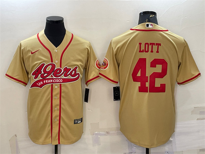 Men's San Francisco 49ers #42 Ronnie Lott Gold With Patch Cool Base Stitched Baseball Jersey Men's San Francisco 49ers #42 Ronnie Lott Gold With Patch Cool Base Stitched Baseball Jersey