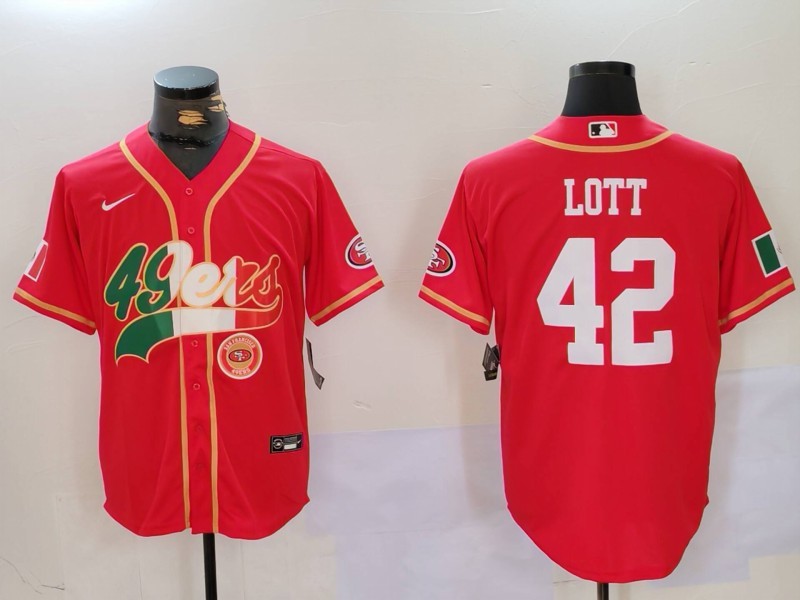 Men's San Francisco 49ers #42 Ronnie Lott Red With Patch Cool Base Stitched Baseball Jersey 2 Men's San Francisco 49ers #42 Ronnie Lott Red With Patch Cool Base Stitched Baseball Jersey 2