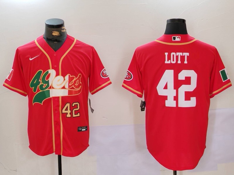 Men's San Francisco 49ers #42 Ronnie Lott Red With Patch Cool Base Stitched Baseball Jersey 3 Men's San Francisco 49ers #42 Ronnie Lott Red With Patch Cool Base Stitched Baseball Jersey 3