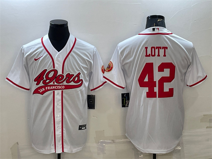 Men's San Francisco 49ers #42 Ronnie Lott White With Patch Cool Base Stitched Baseball Jersey Men's San Francisco 49ers #42 Ronnie Lott White With Patch Cool Base Stitched Baseball Jersey