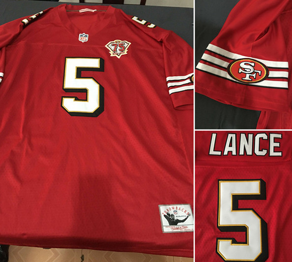 Men's San Francisco 49ers #5 Trey Lance Red Throwback With 75th Anniversary Vapor Untouchable Limited Stitched Jersey Men's San Francisco 49ers #5 Trey Lance Red Throwback With 75th Anniversary Vapor Untouchable Limited Stitched Jersey