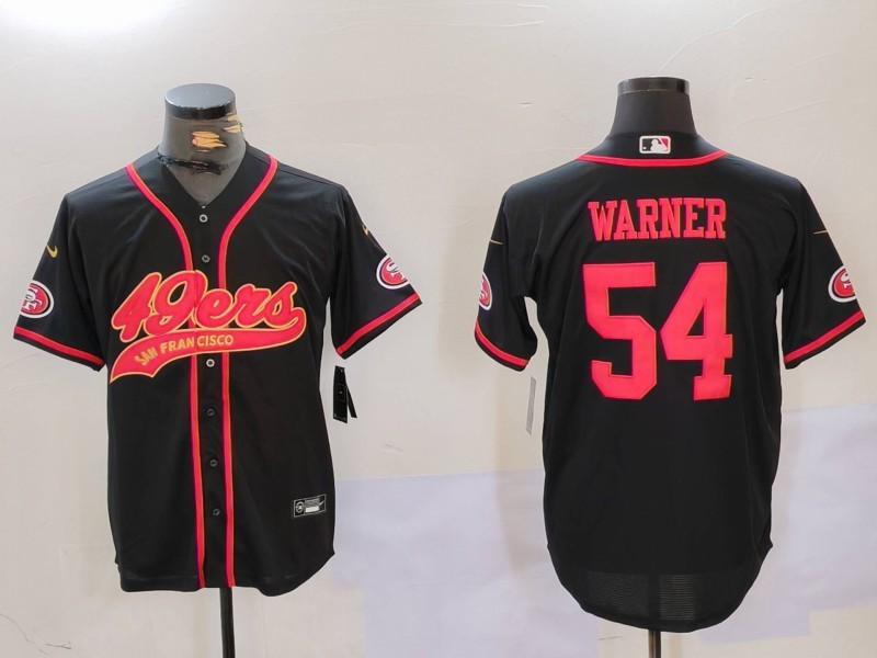 Men's San Francisco 49ers #54 Fred Warner Black With Patch Cool Base Stitched Baseball Jersey 2 Men's San Francisco 49ers #54 Fred Warner Black With Patch Cool Base Stitched Baseball Jersey 2
