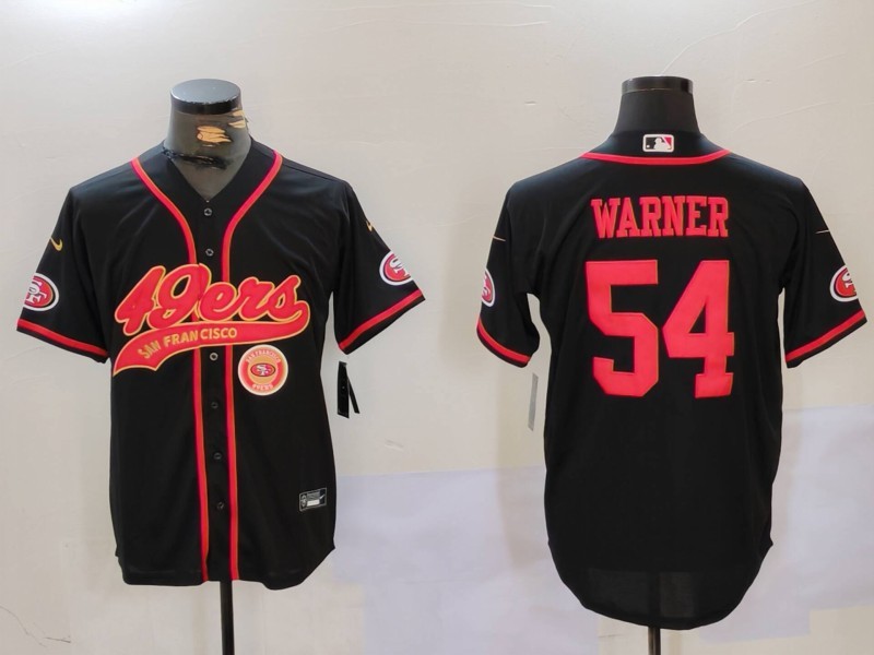 Men's San Francisco 49ers #54 Fred Warner Black With Patch Cool Base Stitched Baseball Jersey 5 Men's San Francisco 49ers #54 Fred Warner Black With Patch Cool Base Stitched Baseball Jersey 5