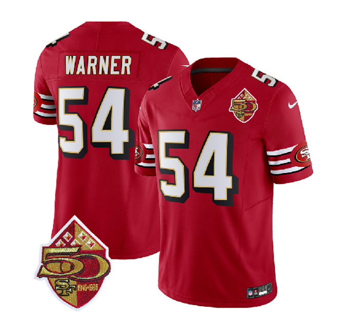Men's San Francisco 49ers #54 Fred Warner Red 2023 F.U.S.E. 50th Patch Throwback Stitched Football Jersey Men's San Francisco 49ers #54 Fred Warner Red 2023 F.U.S.E. 50th Patch Throwback Stitched Football Jersey