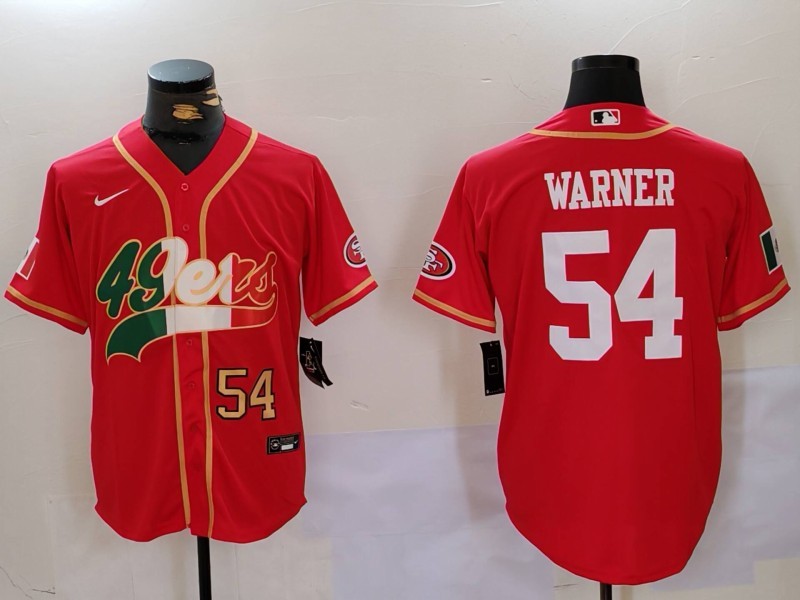 Men's San Francisco 49ers #54 Fred Warner Red With Patch Cool Base Stitched Baseball Jersey 2 Men's San Francisco 49ers #54 Fred Warner Red With Patch Cool Base Stitched Baseball Jersey 2