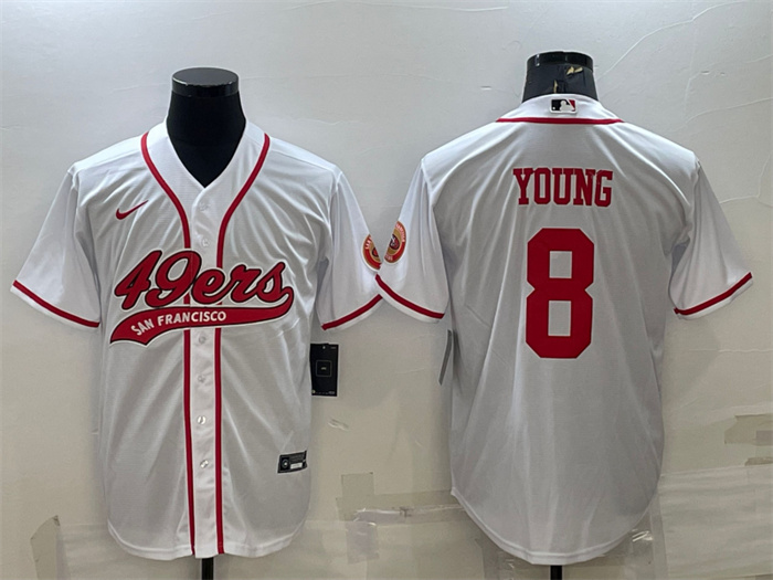 Men's San Francisco 49ers #8 Steve Young White With Patch Cool Base Stitched Baseball Jersey Men's San Francisco 49ers #8 Steve Young White With Patch Cool Base Stitched Baseball Jersey