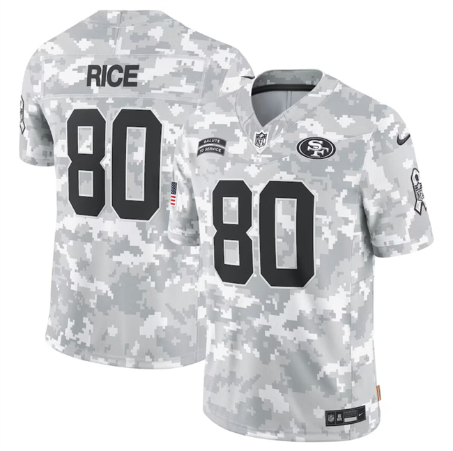 Men's San Francisco 49ers #80 Jerry Rice 2024 Arctic Camo Salute To Service Limited Stitched Football Jersey Men's San Francisco 49ers #80 Jerry Rice 2024 Arctic Camo Salute To Service Limited Stitched Football Jersey