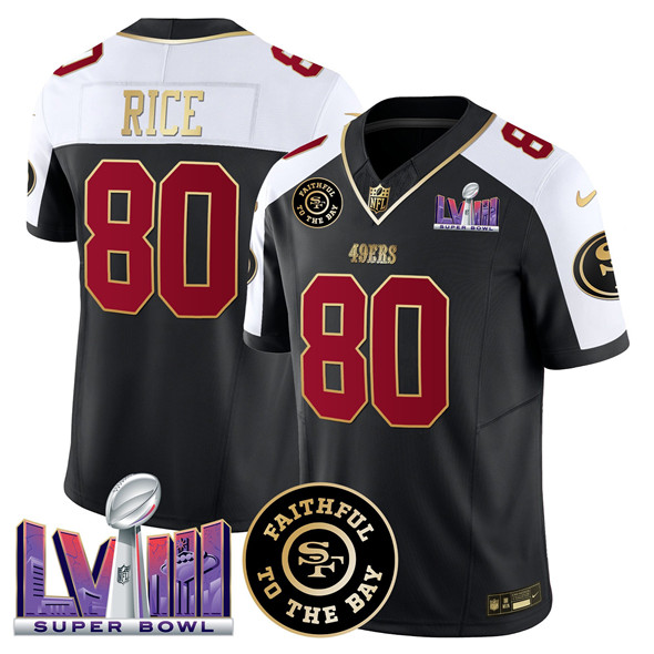Men's San Francisco 49ers #80 Jerry Rice Black Alternate 2025 F.U.S.E. Faithful & Super Bowl LVIII Patch Vapor Limited Stitched Football Jersey Men's San Francisco 49ers #80 Jerry Rice Black Alternate 2025 F.U.S.E. Faithful & Super Bowl LVIII Patch Vapor Limited Stitched Football Jersey