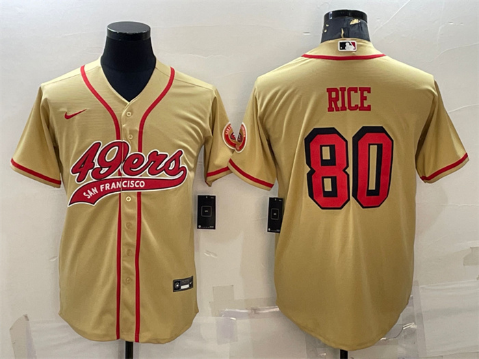 Men's San Francisco 49ers #80 Jerry Rice New Gold With Patch Cool Base Stitched Baseball Jersey Men's San Francisco 49ers #80 Jerry Rice New Gold With Patch Cool Base Stitched Baseball Jersey