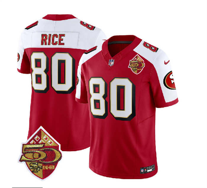 Men's San Francisco 49ers #80 Jerry Rice Red White 2023 F.U.S.E. 50th Patch Throwback Stitched Football Jersey Men's San Francisco 49ers #80 Jerry Rice Red White 2023 F.U.S.E. 50th Patch Throwback Stitched Football Jersey