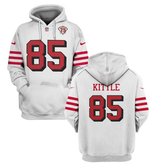 Men's San Francisco 49ers #85 George Kittle 2021 White 75th Anniversary Pullover Hoodie Men's San Francisco 49ers #85 George Kittle 2021 White 75th Anniversary Pullover Hoodie