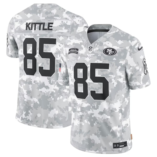Men's San Francisco 49ers #85 George Kittle 2024 Arctic Camo Salute To Service Limited Stitched Football Jersey Men's San Francisco 49ers #85 George Kittle 2024 Arctic Camo Salute To Service Limited Stitched Football Jersey