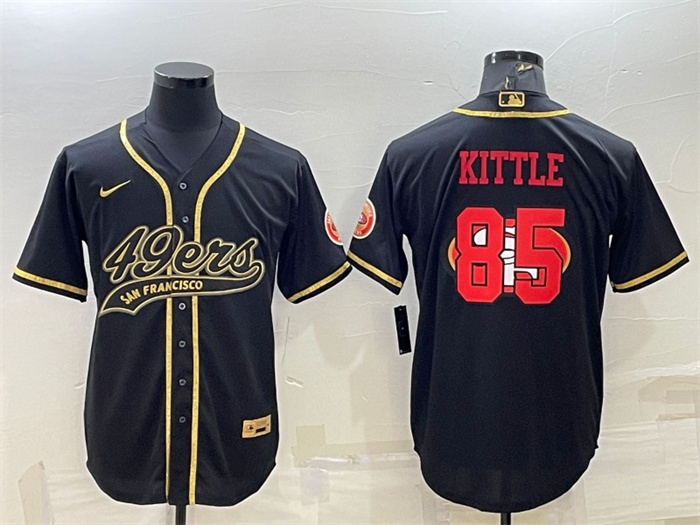 Men's San Francisco 49ers #85 George Kittle Black Gold Team Big Logo With Patch Cool Base Stitched Baseball Jersey Men's San Francisco 49ers #85 George Kittle Black Gold Team Big Logo With Patch Cool Base Stitched Baseball Jersey