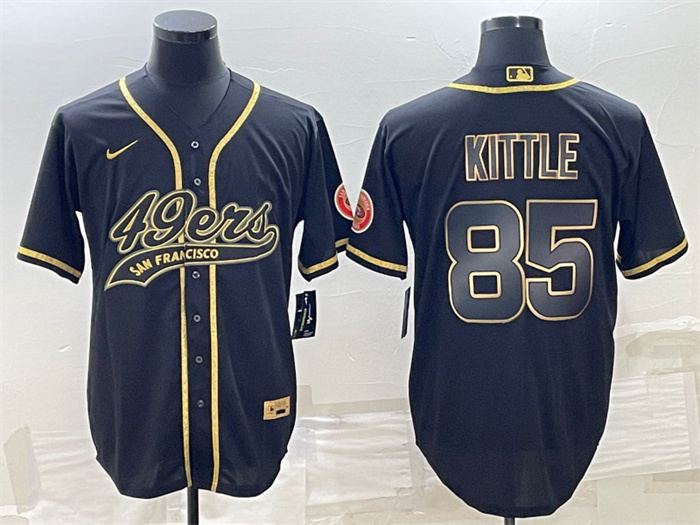Men's San Francisco 49ers #85 George Kittle Black Gold With Patch Cool Base Stitched Baseball Jersey Men's San Francisco 49ers #85 George Kittle Black Gold With Patch Cool Base Stitched Baseball Jersey