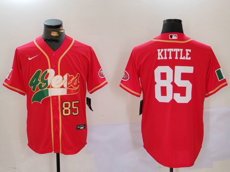 Men's San Francisco 49ers #85 George Kittle Red With Patch Cool Base Stitched Baseball Jersey 3 Men's San Francisco 49ers #85 George Kittle Red With Patch Cool Base Stitched Baseball Jersey 3