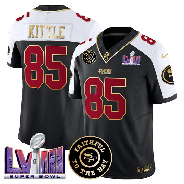 Men's San Francisco 49ers #85 George kittle Black Alternate 2025 F.U.S.E. Faithful & Super Bowl LVIII Patch Vapor Limited Stitched Football Jersey
