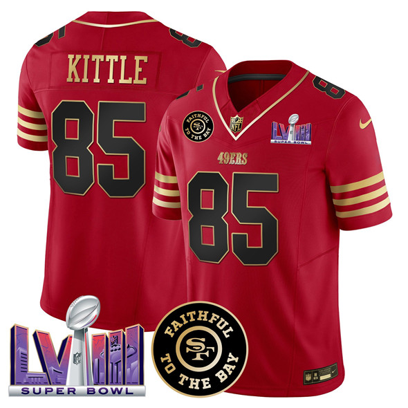 Men's San Francisco 49ers #85 George kittle Red 2025 F.U.S.E. Faithful & Super Bowl LVIII Patch Vapor Limited Stitched Football Jersey