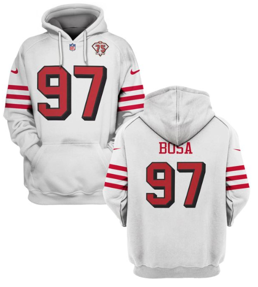 Men's San Francisco 49ers #97 Nick Bosa 2021 White 75th Anniversary Pullover Hoodie Men's San Francisco 49ers #97 Nick Bosa 2021 White 75th Anniversary Pullover Hoodie