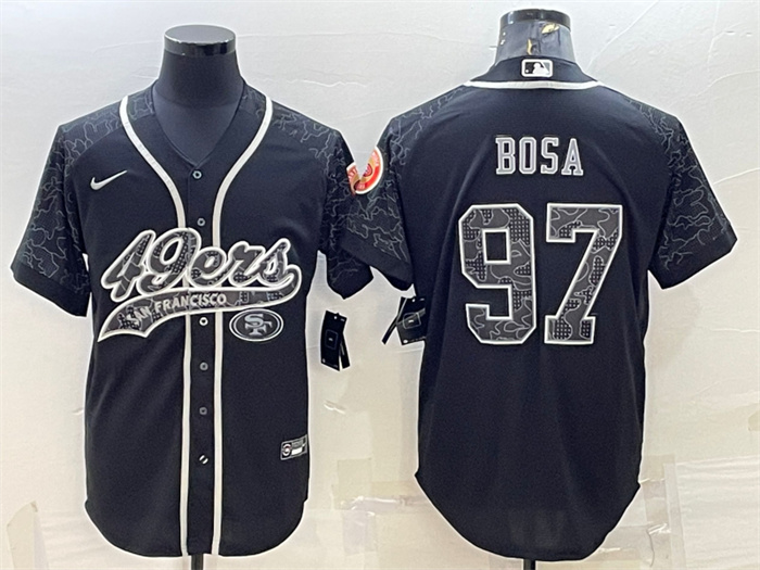 Men's San Francisco 49ers #97 Nick Bosa Black Reflective With Patch Cool Base Stitched Baseball Jersey Men's San Francisco 49ers #97 Nick Bosa Black Reflective With Patch Cool Base Stitched Baseball Jersey