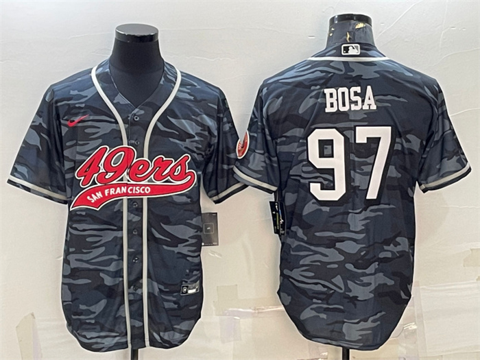 Men's San Francisco 49ers #97 Nick Bosa Grey Camo With Patch Cool Base Stitched Baseball Jersey Men's San Francisco 49ers #97 Nick Bosa Grey Camo With Patch Cool Base Stitched Baseball Jersey