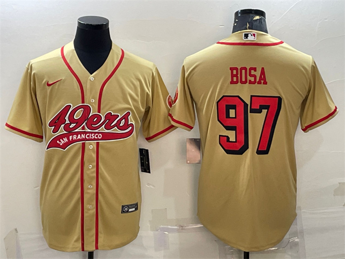 Men's San Francisco 49ers #97 Nick Bosa New Gold With Patch Cool Base Stitched Baseball Jersey Men's San Francisco 49ers #97 Nick Bosa New Gold With Patch Cool Base Stitched Baseball Jersey